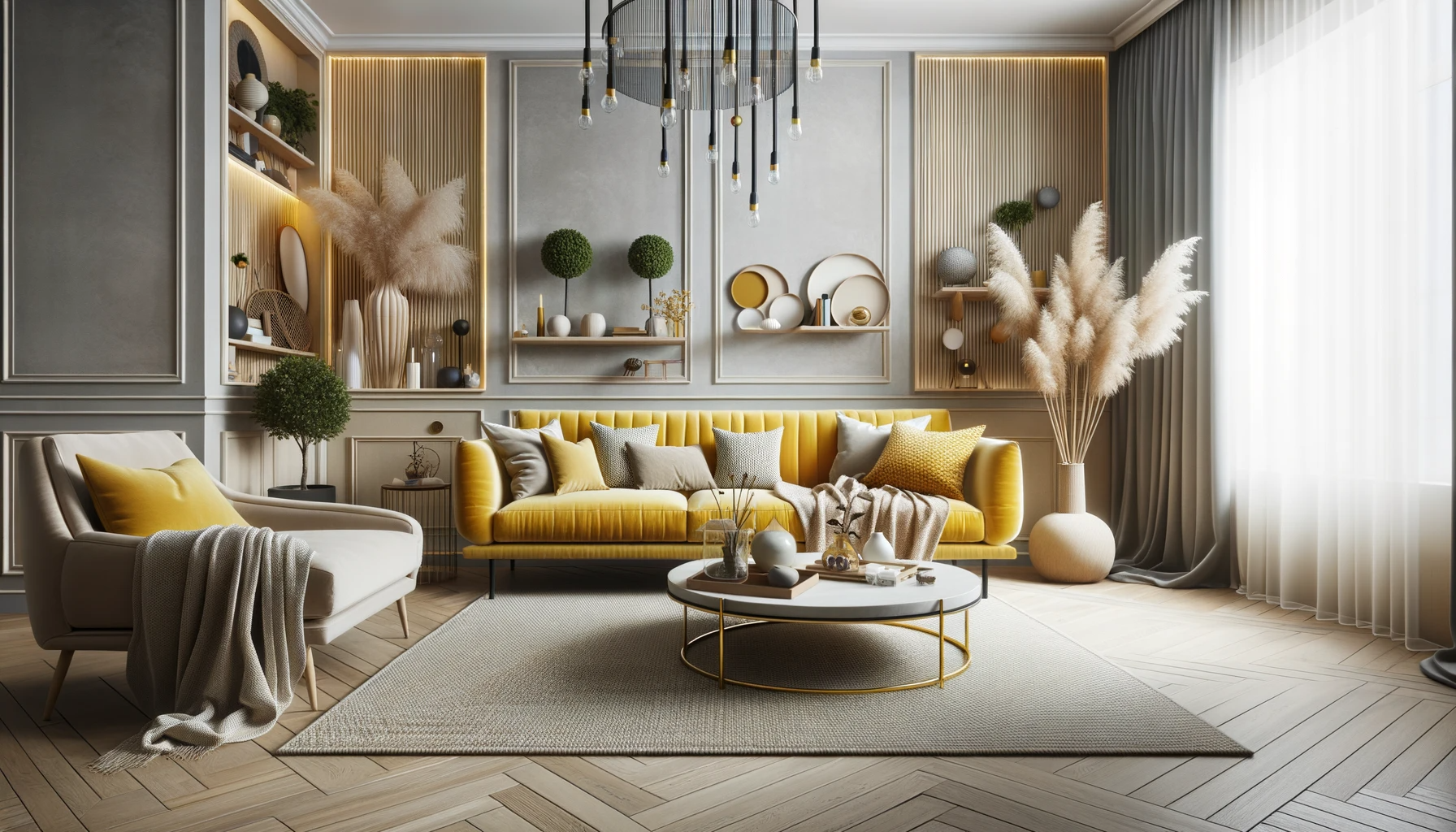 Logement moderne avec canapé jaune 